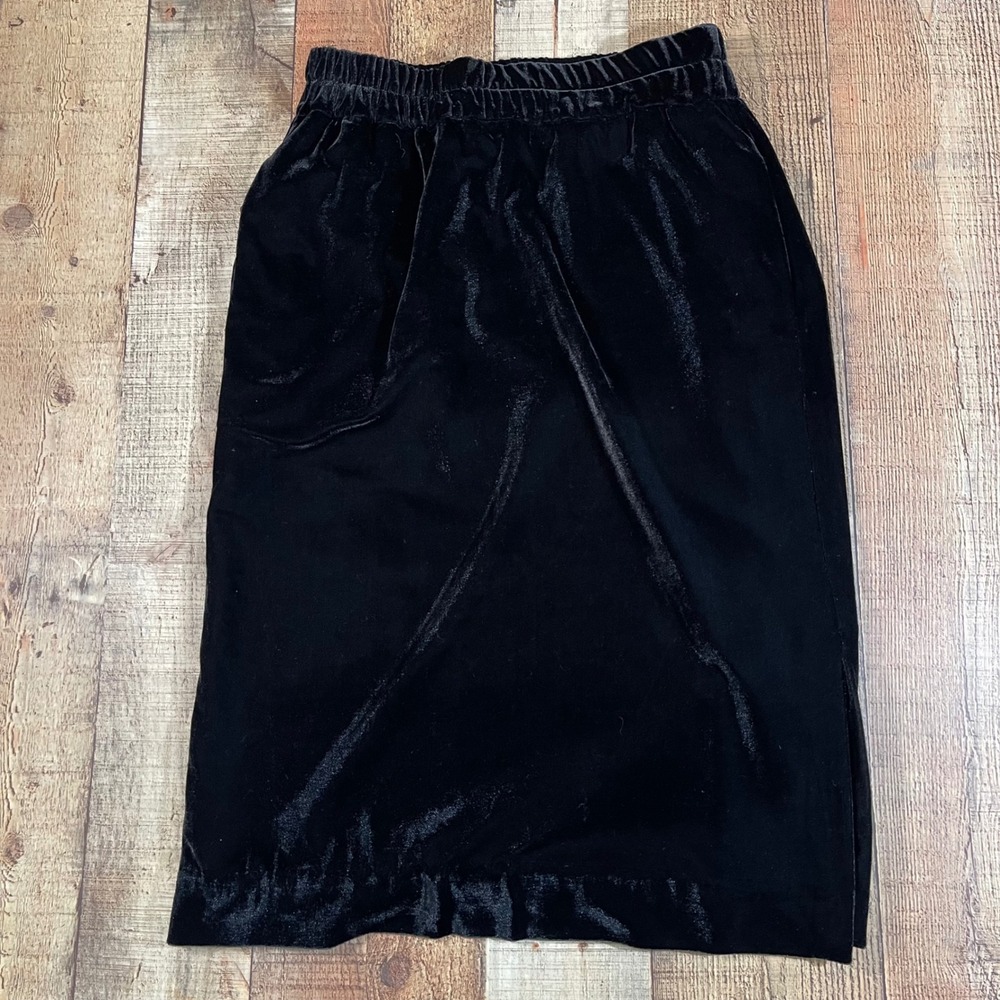 J.Crew Black Velvet Midi Pencil Skirt Extra Small XS Elastic Waist Side Slit